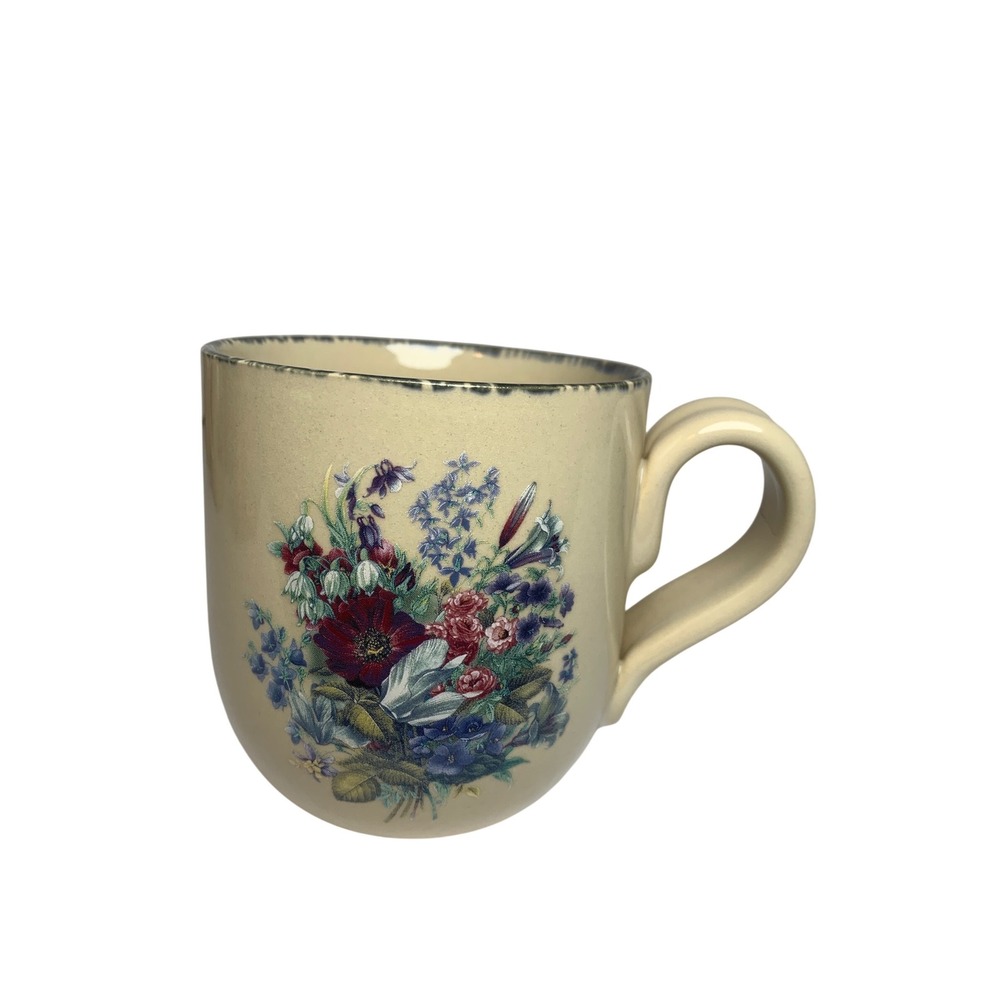 Home & Garden Party Ltd‎ 2004 Floral Stoneware Mug Made in USA Cream Blue Rim